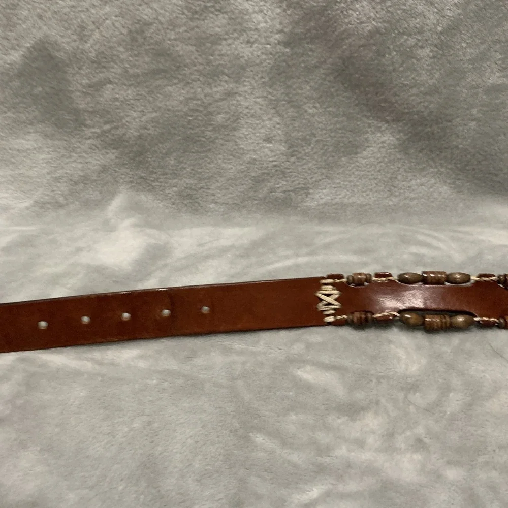 Vintage Omega Genuine Leather‎ Belt Large Brown Beaded & Stitched Made in Turkey